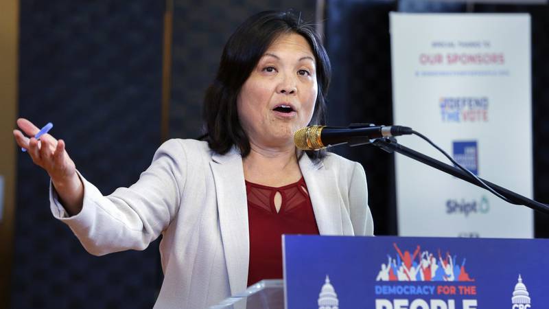 FILE -Julie Su, Acting Labor Secretary, speaks during an impromptu appearance at the "Democracy...